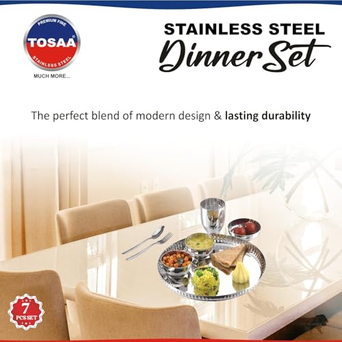 Image of TOSAA Stainless Steel Dinner Set Deluxe Classic Shape- 5 PCS Set Stainless Steel Dinner Set |Includes Plate, Curry Bowls, Side Plate, Glass & Spoon | Silver