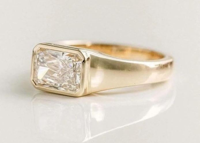 2CT Radiant Cut East-West Signet Ring gets a whiter and brighter look,14k yellow gold Plated band,Bezel Set Ring,Wedding Ring For Women,Gifted For Her,Size 3-12.