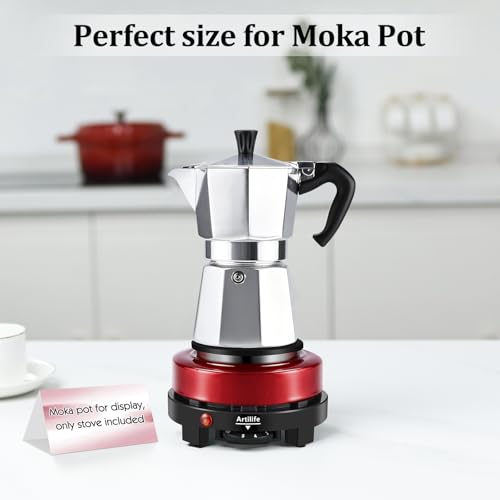 Image of Artilife 500W Mini Electric Hot Plate - Moka Pot Special, 110V Compact RV Camping Stove, 4 inch Cast Iron Burner for Coffee, Low Wattage Portable (Red)