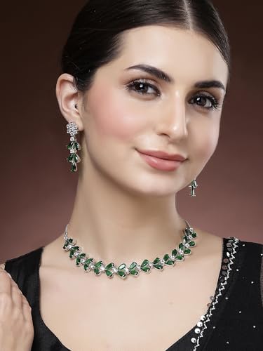Image of Karatcart Silver Tone Green American Diamond Studded Necklace Set for Women