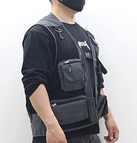 LZLRUN Mesh Rainbow Reflective Cargo Multi-pocket Vest for Men Fishing Outdoor Work Jacket3