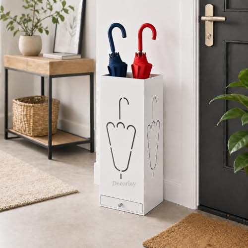 Image of Decorlay Wrought Iron Umbrella Stand Holder (White) for Entryway, Modern Metal Umbrella Rack for Canes, Walking Sticks & Golf Clubs, Indoor Floor Organizer for Home, Office & Living Room