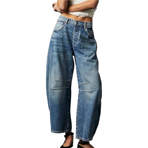 KT Women's Barrel Jeans Wide Leg Mid Rise Denim Ankle Pants Y2k Baggy Boyfriend Jeans with Pockets
