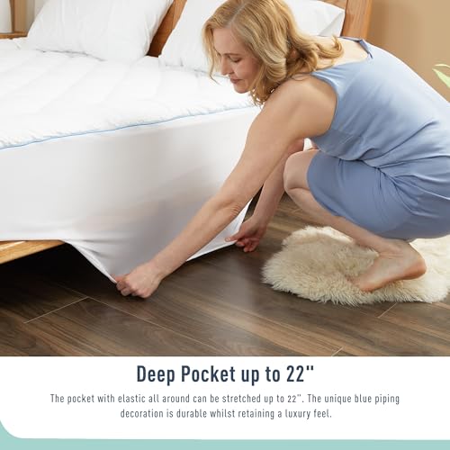 HOMTEC Queen Mattress Pad Cotton Mattress Pad Cover Quilted Mattress Cover 18-22\" Deep Pocket Mattress Protector Queen Size White Down Alternative Filling Noiseless & Breathable