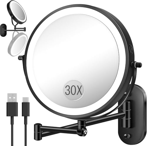 30X/1X Wall Mounted Lighted Makeup Mirror, 9'' Height Adjustable Double Sided 5000mAh Rechargeable Magnifying Bathroom Mirror with Light, 3 Color Modes Touch Dimmable Extended Arm 360 Rotation