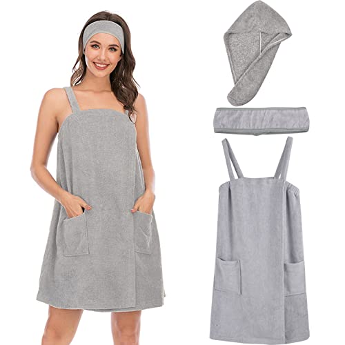 QZUnique Bath Wrap Towel with Straps Women Shower Robes Turban&Headband Bathrobe Dress with Straps Adjustable Closure