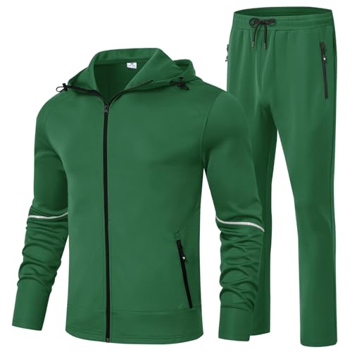 BGOWATU Men's Tracksuits Set Full Zip Jacket Hoodie Sweatsuit Running Sport Pants Jogging Suits with Zipper Pockets Green L