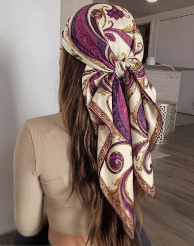Image of Silk Like Head Scarf for Women Stylish Bandanas for Women Vintage Hair Scarf Wrap and Sleeping, Boho Floral Print Square Bandana Gift