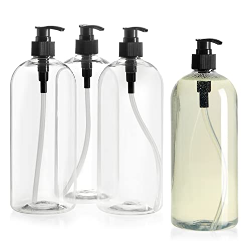 Okuna Outpost Empty Refillable Shampoo & Conditioner Pump Bottles - 34 Oz Clear Plastic with Black Pumps - 4 Pack Non-Spill Dispensers - Minimizes Waste & Refillable for Body Wash, Hand Soap & Lotion