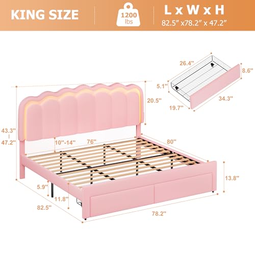 King Upholstered LED Bed Frame with 2 Storage Drawers and Adjustable Chic Double Wavy Headboard, Velvet Princess Platform Bed with Charing Station, Solid Wood Slats Support, No Box Spring Needed, Pink