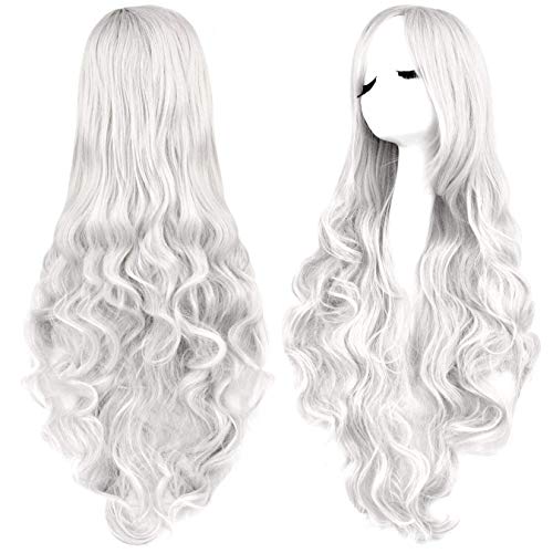 Rbenxia Curly Cosplay Wig Long Hair Heat Resistant Spiral Costume Wigs Anime Fashion Wavy Curly Cosplay Daily Party Silver 32" 80Cm #TOP1