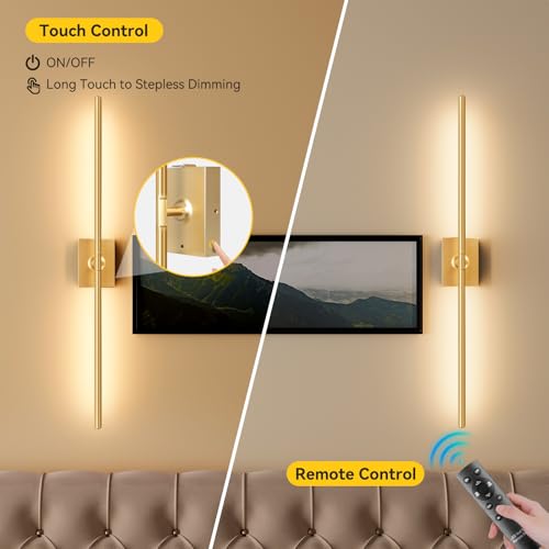 Image of Ouyulong Battery Operated Wall Sconces Set of 2, 10000mAh Wireless Rechargeable 3000-6000K Dimmable 350 Rotate Wall Light with Remote for Living Room, Bedroom 31.6in Gold