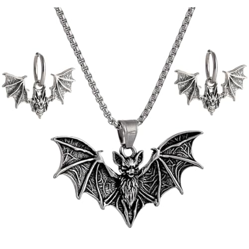 YWMAN Gothic Bat Necklace and Earrings Set, Stainless Steel, Silver, Viking Style, Protection Amulet, Medium, Unisex Halloween Vampire Jewelry