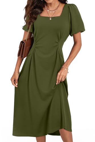 Happy Sailed Women's Summer Short Sleeve Square Neck Ruched Waist Flowy A Line Midi Cocktail Party Dress