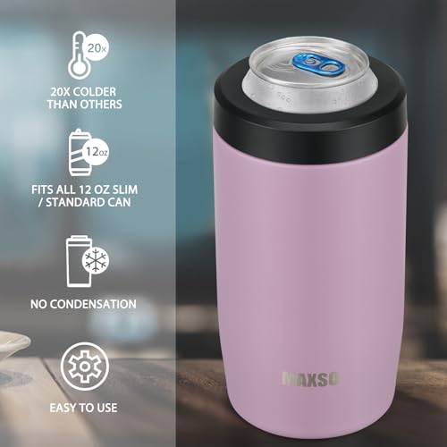 Image of 4-in-1 Slim Can Cooler Easy to Hold Insulated Beer Can Holder Double-walled Stainless Steel for All 12 Oz Cans (Purple)