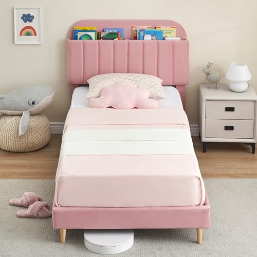 GarveeHome Twin Bed Frame with Storage Headboard, Velvet Upholstered Platform Bedframe for Kids, Girl Bed, Strong Wooden Slats, Noise-Free, Easy Assembly, No Box Spring Needed, Pink