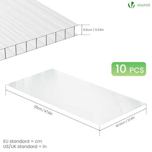 VOUNOT® 10x Doppelstegplatten 6mm aus Polycarbonat, klar & zuschneidbar, UV-beständig & bruchsicher, Hohlkammerplatten 60,5x121cm (10,3m²) für Gewächshaus, Carport & Überdachung
