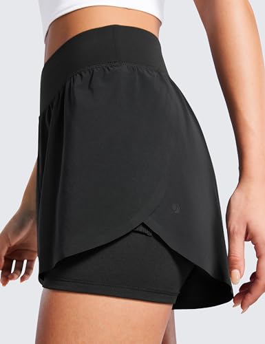 CRZ YOGA 2 in 1 Dolphin Running Shorts for Women High Waisted Gym Workout Athletic Tennis Shorts with Pockets Split3