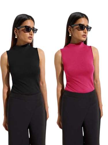 Image of KOTTY Women's Sleeveless High Neck Ribbed Tank Top Combo Pack of 2 Stylish Casual & Office Wear Tops