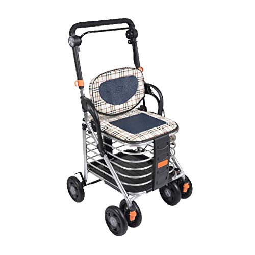 歩行器、ショッピングトロリー ショッピングカート 食料品カート アルミ合金製四輪歩行器 歩行器 座席付き 折りたたみ式ショッピングバッグ バスケット それはとても親切です Thoughtful