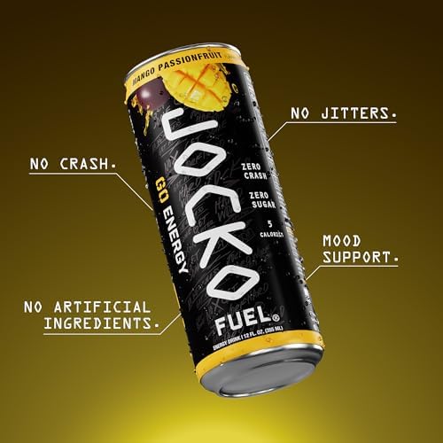 Image of Jocko Fuel GO Energy Drinks, Mango Passionfruit - 95mg Caffeine with Added Adaptogens, Vitamin B12 & B6, & L Theanine for Mood & Focus Support, No Sugar, 12 Pack - Packaging May Vary