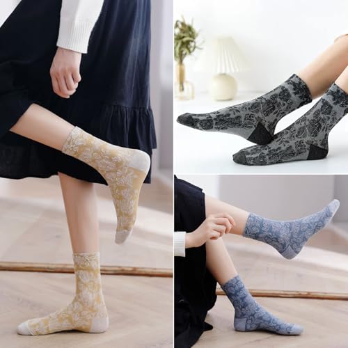 Image of DXYAKY 5 Pairs Womens Floral Cotton Socks Vintage Patterned Crew Socks Novelty Ankle Ruffled Warm Casual Dress Socks