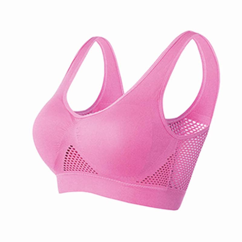 Solid Color Breathable Sports Bra, Round Neck High Stretch Hollow Out Fitness Top, Women's Activewear | Push Up and Sweat Proof Bra | Breathable and Wirefree Pink_6XL-image-5
