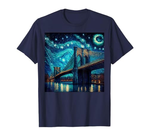 Brooklyn Bridge New York Starry Night T-Shirt, Men, Navy Blue, Large