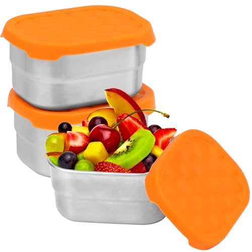 NIXRET 3 Stück Snack-Behälter, 230ml 304 Edelstahl Metall Soße Lebensmittel Lagerung Box Container Mit Silikon-Deckel, Wiederverwendbare Kleine Tragbare Auslaufsicher Food Lunch Boxen Set
