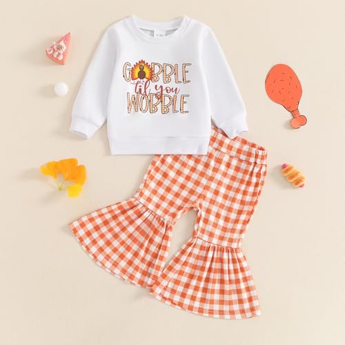 Karuedoo Toddler Baby Girl Thanksgiving Outfit Letter Print Crewneck Long Sleeve Sweatshirt Top and Flared Pants Set2