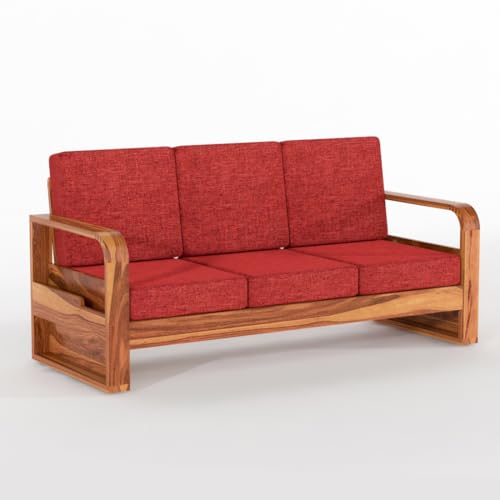 Image of Solid Sheesham Wooden 3 Seater Sofa for Living Room | Sofa with Side Pocket Storage & Cushion | Rosewood Sofa Set for Home (Honey with Red Cushion, 3 Seater)