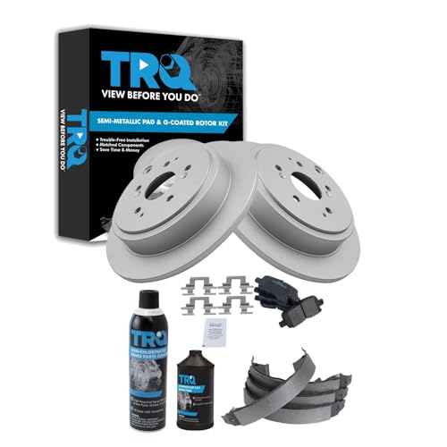 Image of TRQ Rear Brake Pad & Rotor Kit, with Chemical Kit Parking Brake Shoe Set Semi-Metallic Compatible with 2003-2008 Honda Pilot