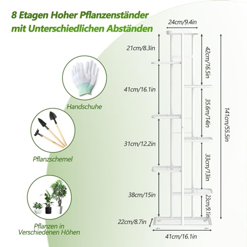 MAIJIAJU 8 Etagen Blumenständer Weiss mit Gartengeräte und Handschuhe, 141cm Hoch Pflanzenständer Metall Innen Außen, Mehrstöckig Blumenregal Pflanzentreppe Eckregal Stehend für Garten Balkon Deko