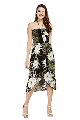 Image of Women's Hawaiian Luau Halter Dress in Signature Prints | Sleeveless halter dress, high-low hem; Hawaiian floral print; soft rayon, machine washable; luau, beach, cruise, party