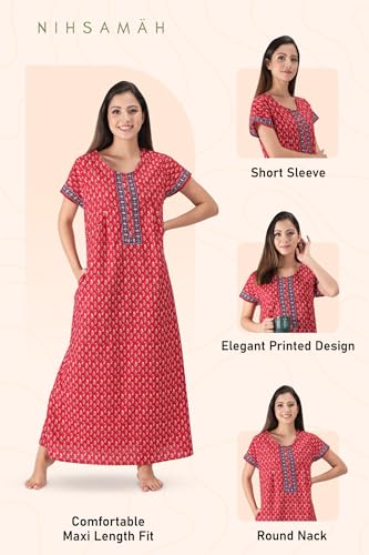 Image of NIHSAMAH Cotton Nighty for Women with Pocket, Premium Printed Long Nighty | Comfortable & Fancy Sleepwear /Nightwear