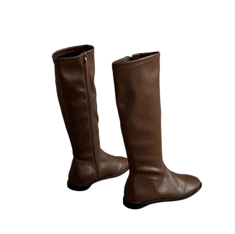 Womens Solid Pu Leather Round Toe Flat Heel Slip On Pleated Elastic Knee High Vintage Knight Boots