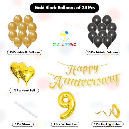 Image of Flyloons 9th Happy Anniversary Decoration Items Gold Black for Men Women Husband Wife Mom Dad Parent Couple Home Bedroom Car With 20 Pcs Metallic Balloons Anniversary Banner 2 Pcs Heart Set Kit Golden