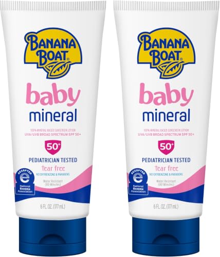 Image of Banana Boat 100% Mineral Baby Sunscreen Lotion SPF 50 Twin Pack | SPF 50 Sunscreen for Babies, Baby Sunblock Lotion, Oxybenzone Free, 6oz each (Pack of 12)