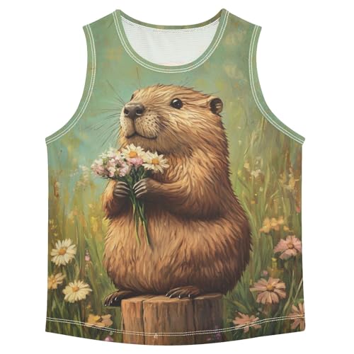 Boys Tank Top Shirts Beaver Wooden Daisy Wildflower Sleeveless T-Shirts Crew Neck for Kids Clothing Children