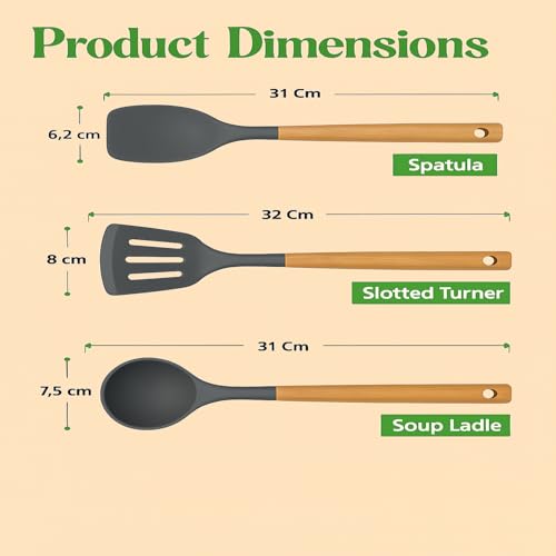 Image of Sakoraware Silicone Spatula Set with Wooden Handle Kitchen Tools Mixing | Serving Cooking Spoon | Turner | Soup Ladle | Non-Stick | BPA Free Kitchen Tools Set of 3 (Black)