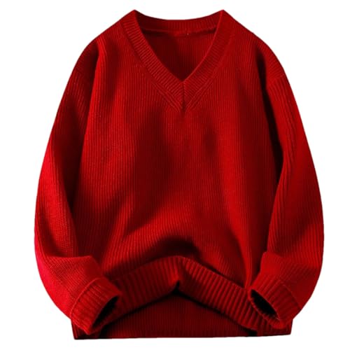 Men’S V-Neck Cotton Thick Warm Solid Color Knitted Pullover Sweater Ribbed Neckline Long Sleeve Casual Jumper Top