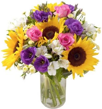 Fresh Sunny Day Flowers with Free Delivery and Name-a-Rose Gift - A Hand Tied Bouquet Filled with Sunflowers, Lisianthus, Roses and Alstomerias All Wrapped by a Real Florist