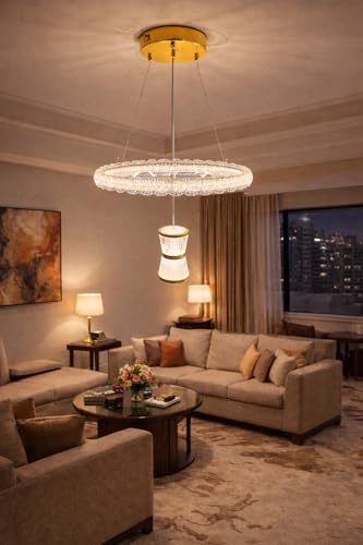 Image of Modern Luxury Stylish LED Crystal Ring Gold Finish with 3 Different Color Mode (Warm White, Cool White, Neutral White) Chandelier with Height Adjustable Hanging for Bedroom, Living, Dining,