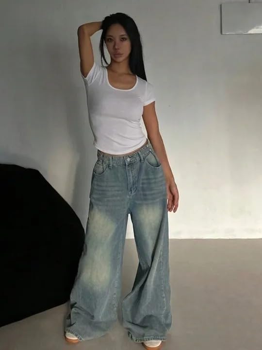 Image of KOTTY Women Trendy Wide Leg Jeans High Waist Baggy Fit Denim Streetwear Jeans