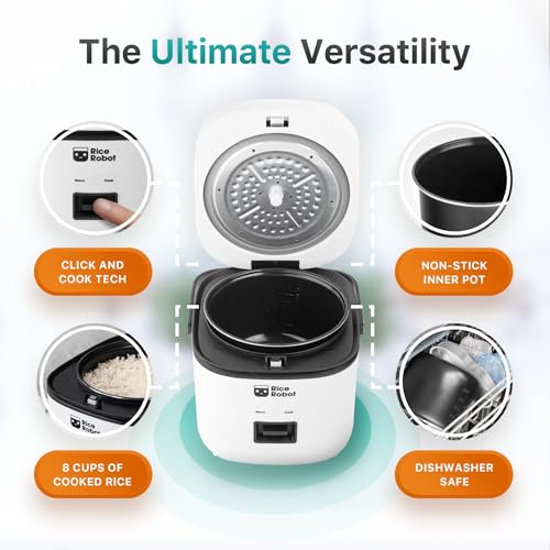Image of Rice Robot Rice Cooker - Family Size 4 Cup Uncooked (8 Cups Cooked) Electric Rice Maker | PFAS-Free Ceramic Nonstick | Includes Stainless Steel Steamer Tray and Accessories | As Seen on TV