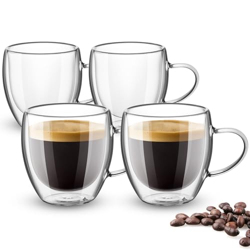 Esilihom Tazas de café Expresso de vidrio de doble pared, tazas de café de 80 ml con asa, vasos transparentes resistentes al calor para té, paquete de 4