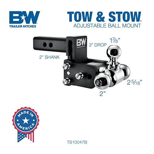 B&W Trailer Hitches Tow & Stow Adjustable Trailer Hitch Ball Mount - Fits 2" Receiver, Tri-Ball (1-7/8" X 2" X 2-5/16"), 3" Drop, 10,000 Gtw - Ts10047B #TOP1