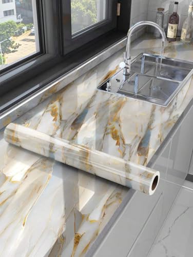 Image of TEKCOOL Wallpaper Waterproof&oilproof Kitchen Tiles Heat Resistant self Adhesive PVC Flooring Sheets Wall Stickers for Floor Kitchen,Wall,Bedroom, Living Room Wallpaper roll(60x200cm-4 pc)(Cream Gold)
