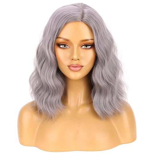 Image of BERON Grey Wigs for Women Short Curly Wavy Wig Girls Gray Color Old Lady Heat Resistant Synthetic Hair Wig for Costume Cosplay Party or Daily Use