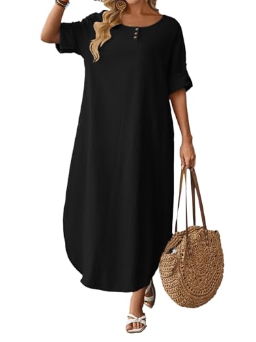 Image of Celmia Autumn Solid Loose Long Maxi Dress Cotton Caftan